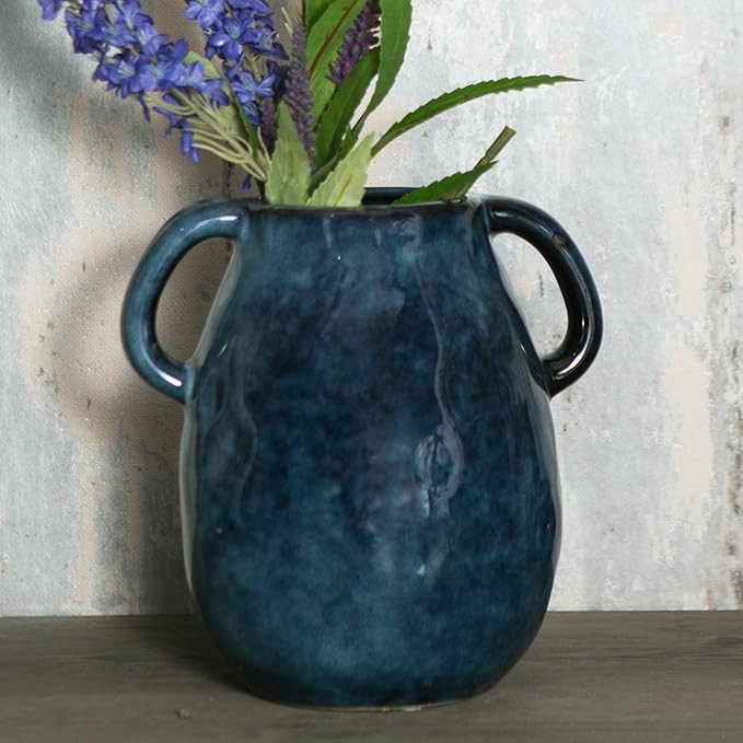 Blue Ceramic Vase with 2 Handles, Modern Farmhouse Decor, Rustic Terracotta Pottery, Decorative F... | Amazon (US)