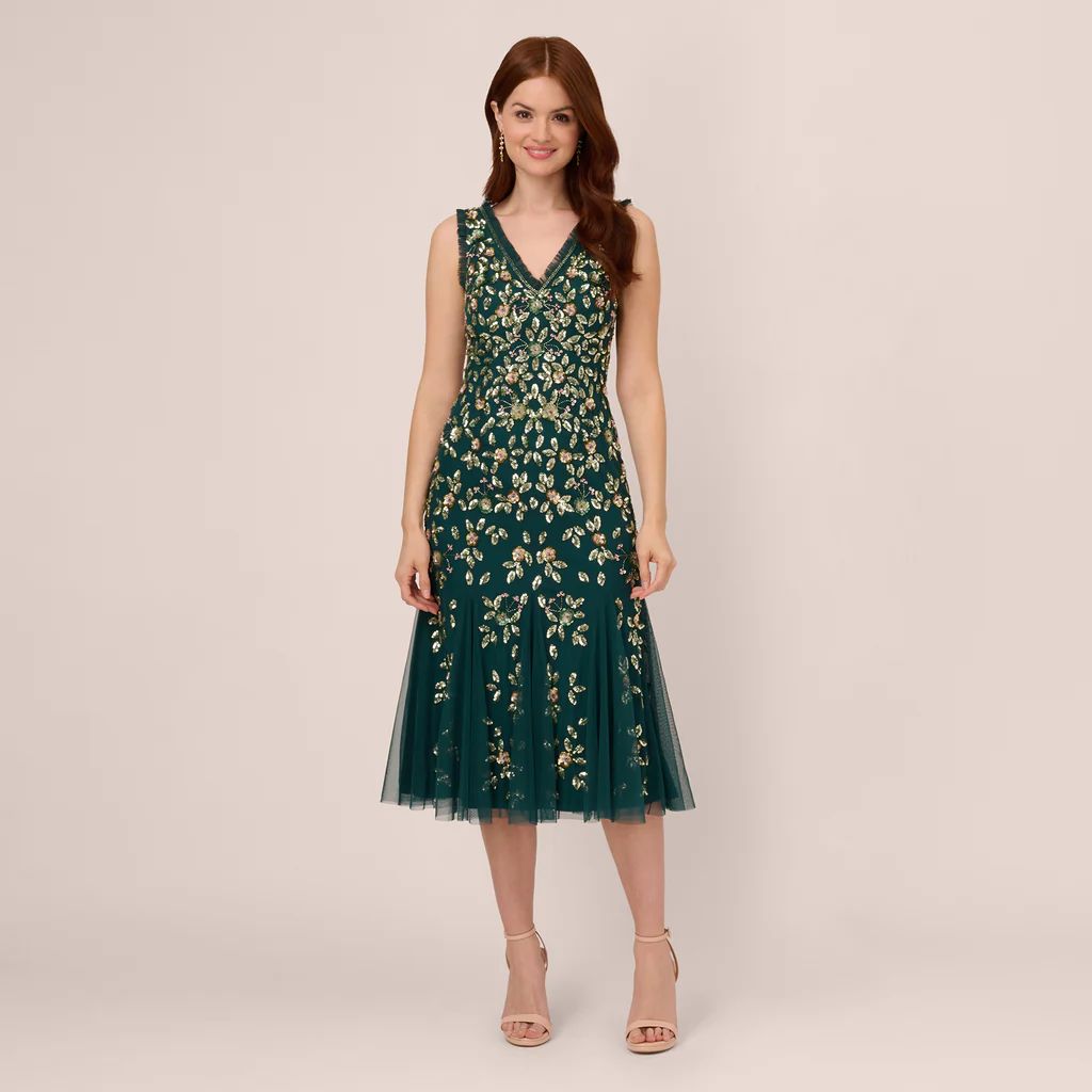Floral Beaded Midi Dress With Godet Skirt In Gem Green | Adrianna Papell