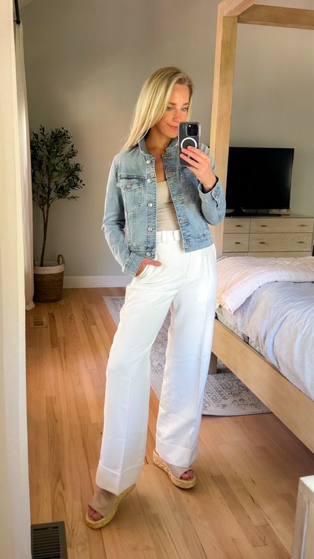 White Wide leg pants tailored pants dressy paint abercrombie pants abercrombie and fitch trousers tube top strapless top sandals wedges platform wedge dolce vita sandals denim jacket jean jacket date night outfit office outfit workwear 

#LTKFindsUnder50 #LTKFindsUnder100 #LTKWorkwear