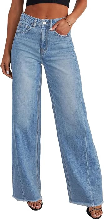 PRETTYGARDEN Women's Wide Leg Jeans Raw Hem Denim Pants | Amazon (US)