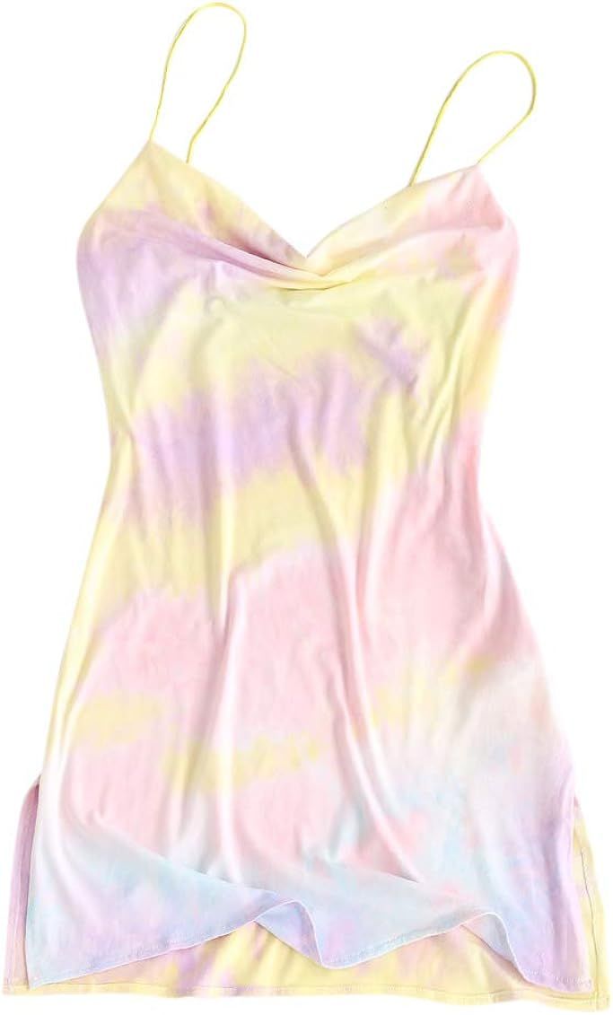 ZAFUL Women's Tie Dye Spaghetti Strap Cowl Neck Side Slit Party Mini Cami Dress | Amazon (US)