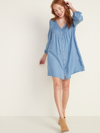 Pleated Chambray Swing Dress for Women | Old Navy (CA)