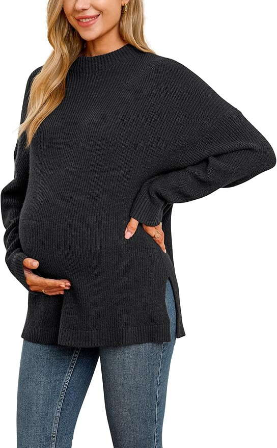 OUGES Maternity Oversized Sweaters 2025 Winter Clothing for Women Trendy Ribbed Knit Side Slit Wo... | Amazon (US)