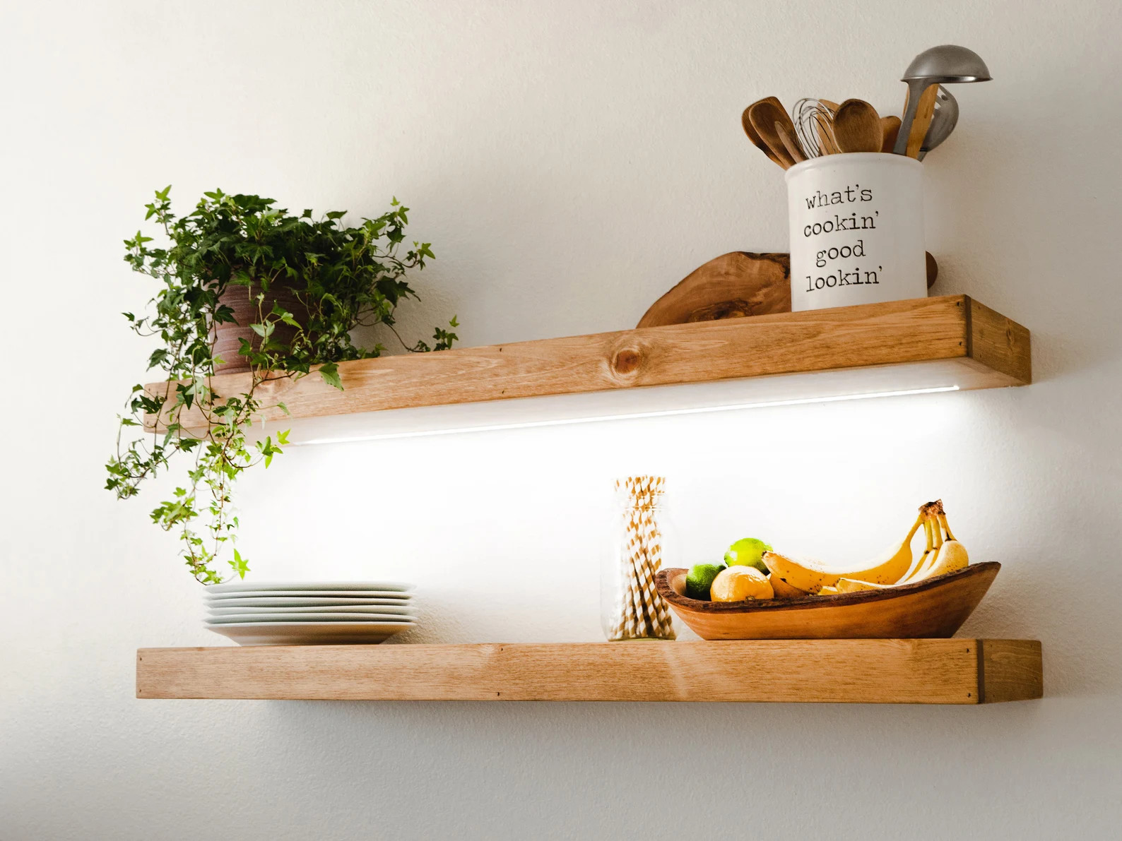 Floating Shelf with LED Lights, Kitchen Shelving, FREE Shipping, Recessed LED Strip, Wood Shelves... | Etsy (Global)