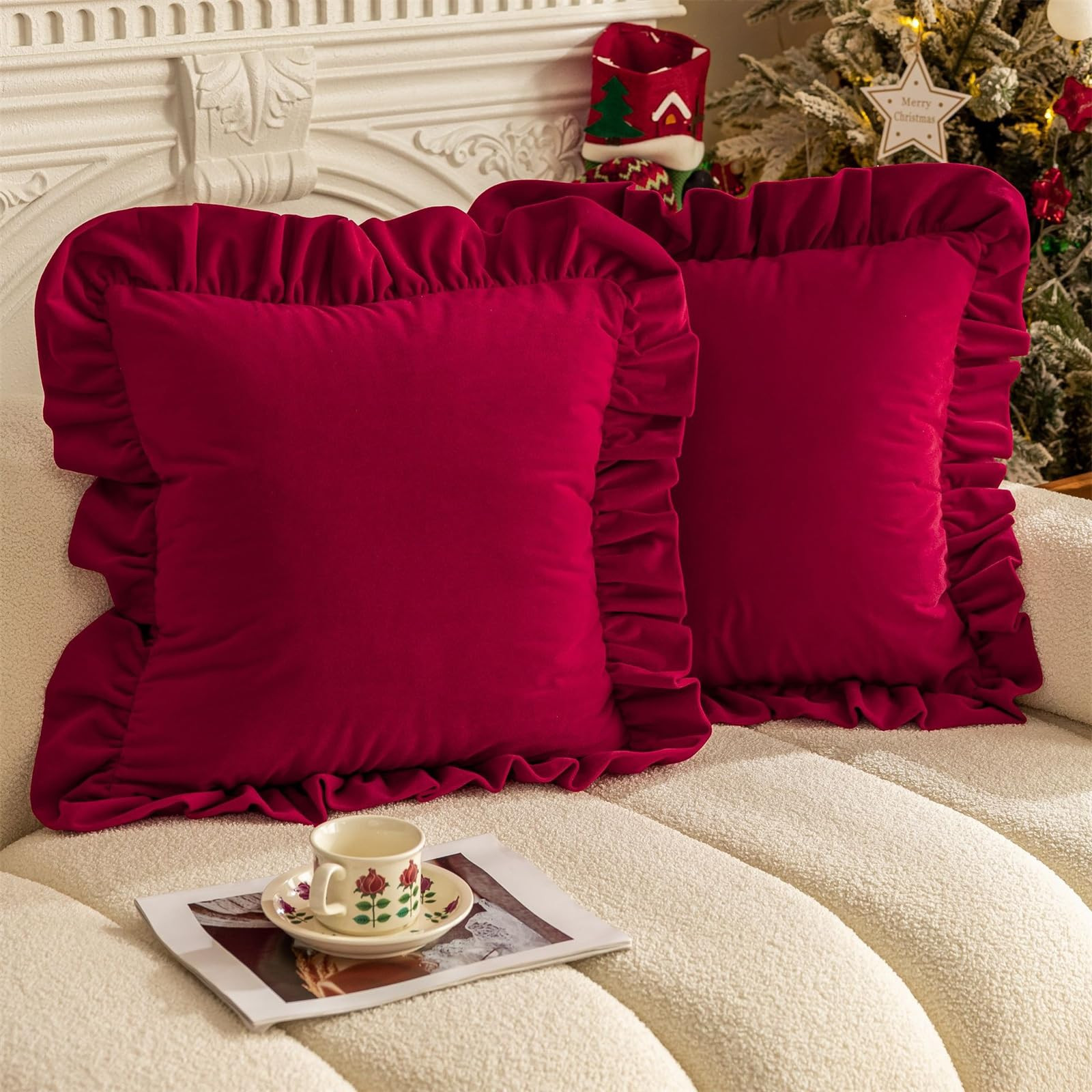 Red Christmas Throw Pillow Covers Set of 2, 18×18 inch Ruffled Velvet Decorative Throw Pillow Co... | Amazon (US)