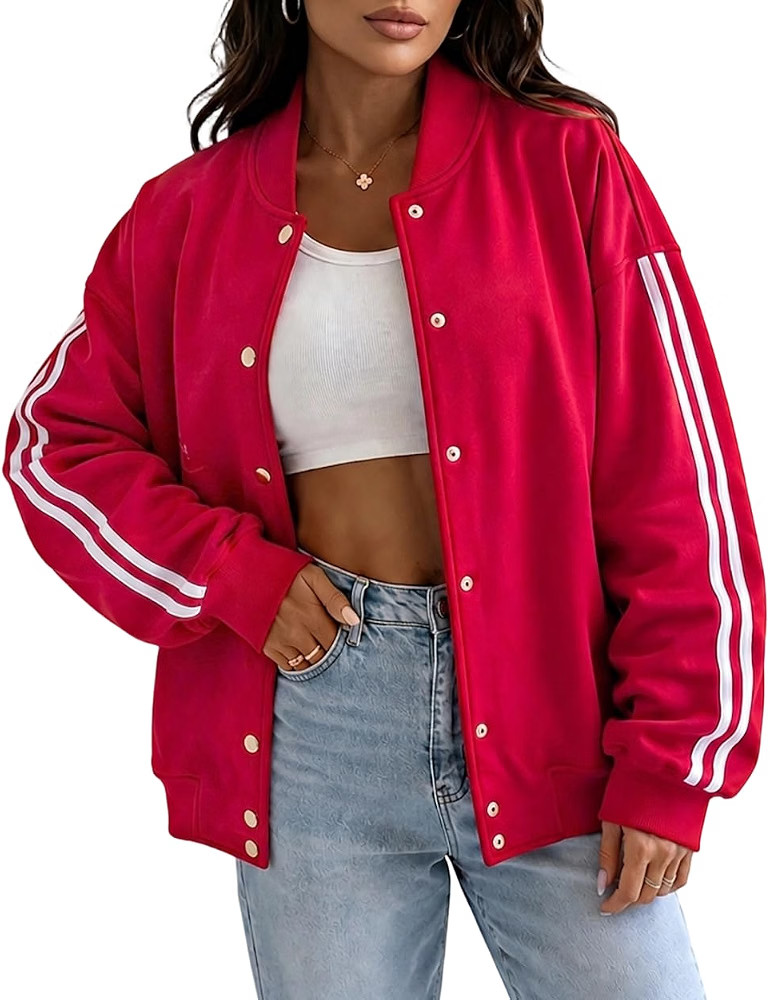 CHICME Women's Button Down Bomber Jackets Casual Long Sleeve Loose Jacket | Amazon (US)