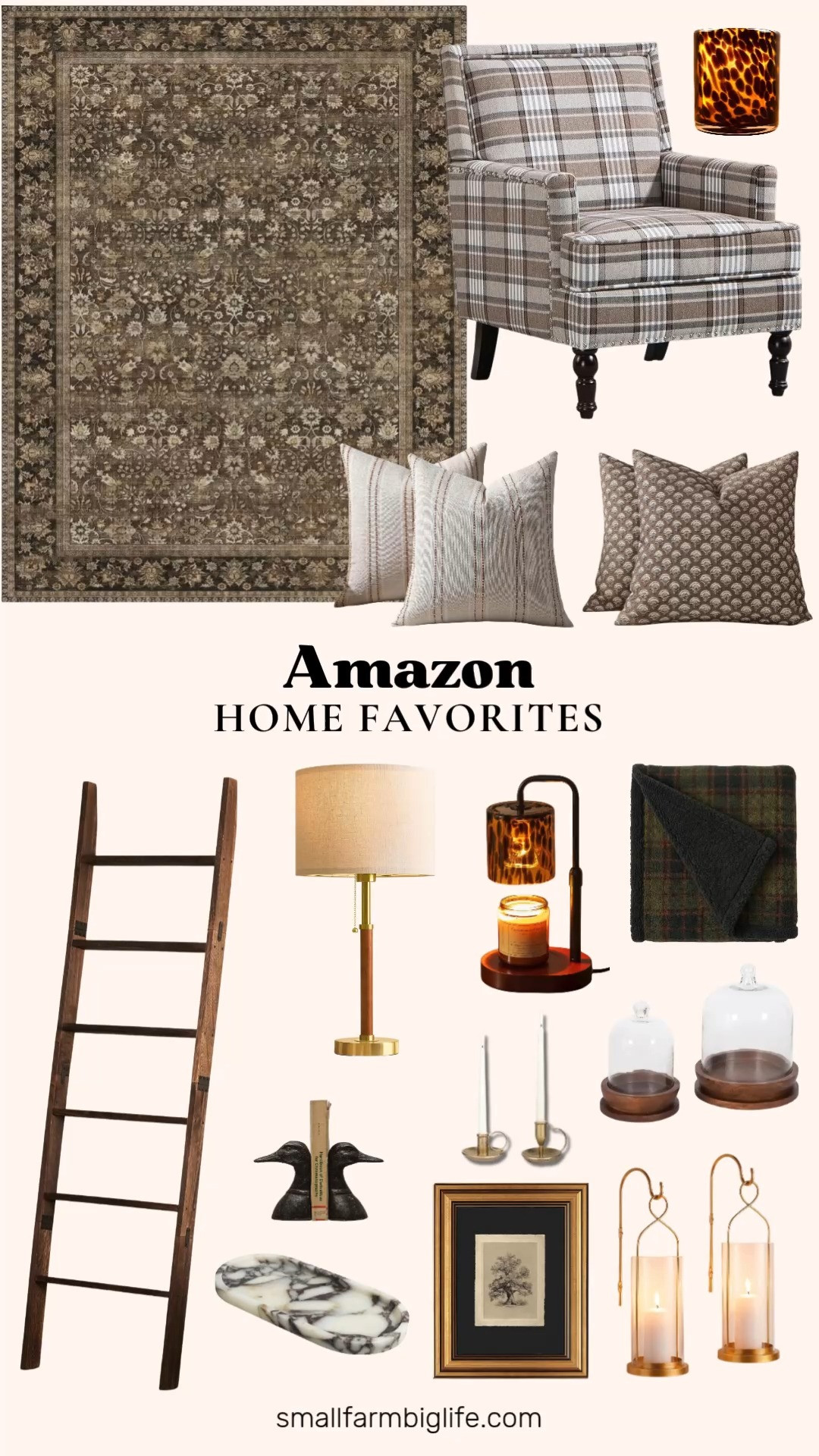 Amazon Home Favorites 🍂 These Amazon home finds bring a warm, vintage feel to your space with tortoiseshell accents, rich wood tones, and cozy plaid. They're perfect for fall decor! Start with a brown vintage floral washable area rug and a brown and beige plaid accent armchair with nailhead trim for the coziest reading corner. Drape a green plaid Eddie Bauer reversible throw blanket over a dark brown wooden blanket ladder, and add caramel striped and chocolate brown floral pillow covers to your sofa. Tortoiseshell is trending, and I love the candle warmer lamp with a tortoise shell glass shade and the tortoiseshell glass votive holder. Mid century wood table lamps add soft light to side tables, and gold wall candle sconces, antique brass taper candle holders, and a vintage oak tree sketch print make easy wall and mantel decor. Finish with walnut and glass cloches, black cast metal duck head bookends, and a Calacatta Viola marble vanity tray. Timeless, cozy, and so easy to mix and match!

#amazonhome #amazonfinds #falldecor #vintagehomedecor #cozyhome 

 #LTKSeasonal #LTKHome