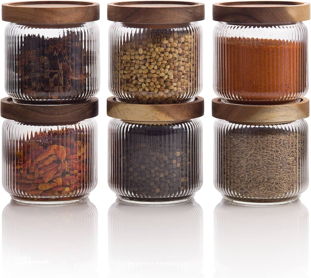 Mason & Fable 12oz, 350ml Glass Food Storage Jars with Wood Lids (6pcs) - Stylish Ribbed Pattern ... | Amazon (US)