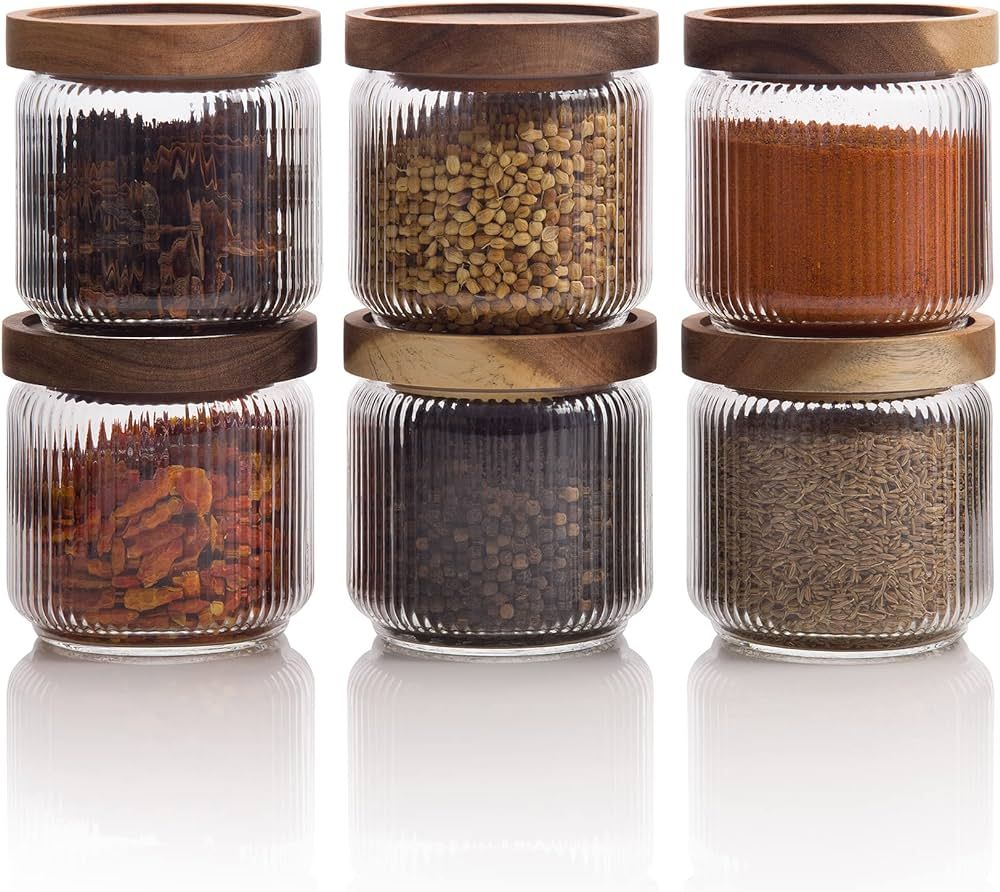 Mason & Fable 12oz, 350ml Glass Food Storage Jars with Wood Lids (6pcs) - Stylish Ribbed Pattern ... | Amazon (US)