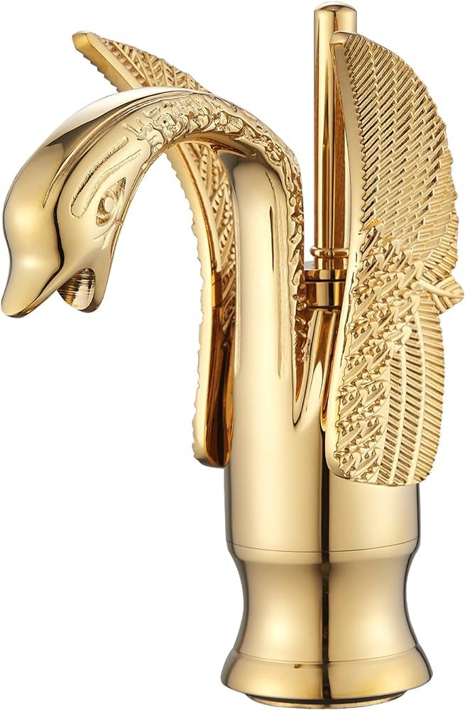 Gold Bathroom Faucet GGStudy Swan Shape Single Handle One Hole Bathroom Vanity Faucet Basin Tap D... | Amazon (US)