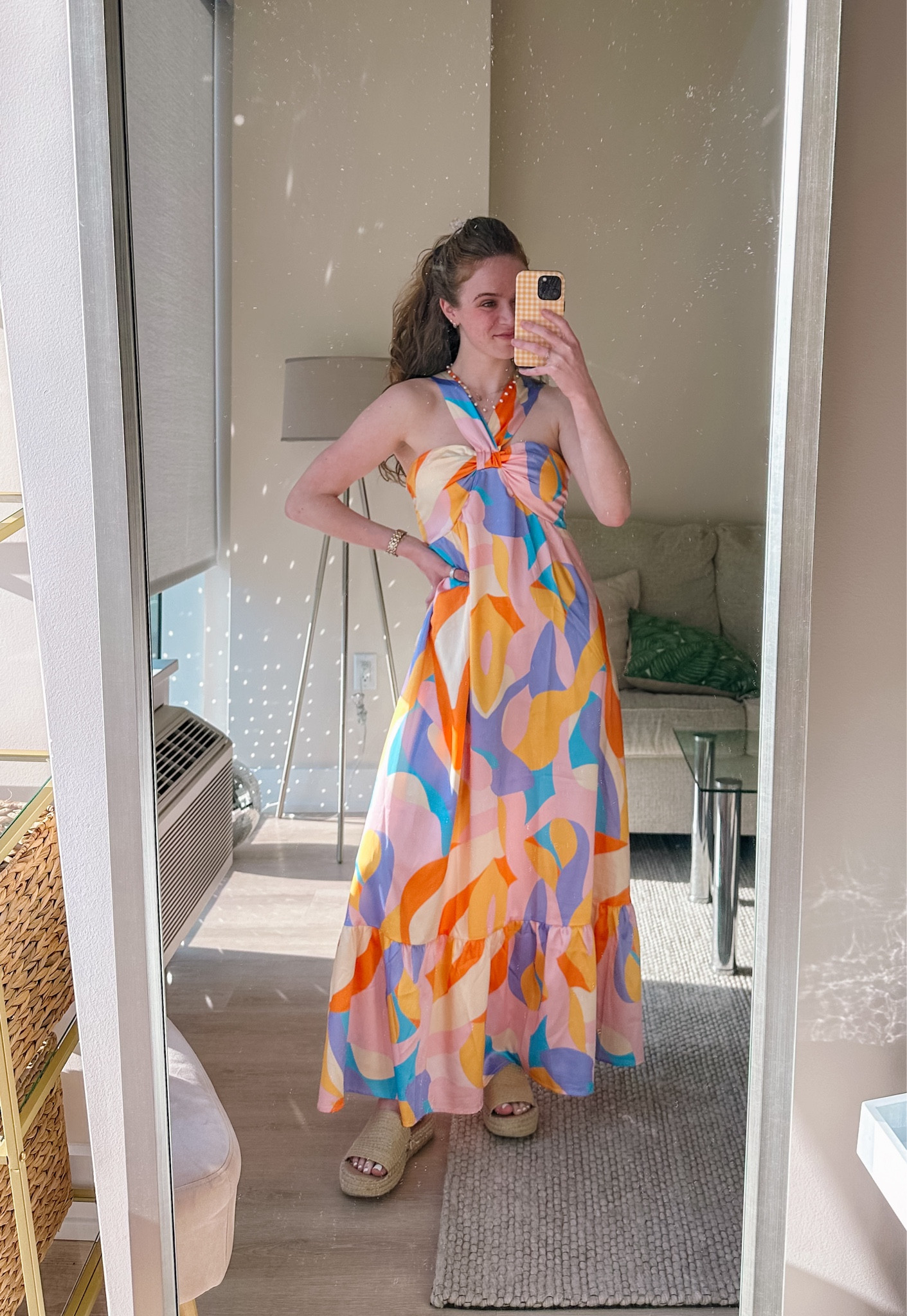 OOTD for a rooftop happy hour!! 🧡🍹 Love this colorful dress I snagged off Amazon a few years ago. The neckline is so fun!! Tagging similar dresses below! 