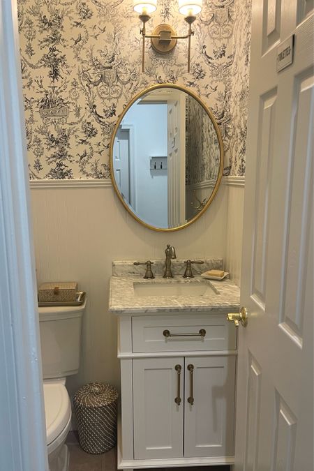 Traditional powder room bathroom makeover. With wallpaper. 