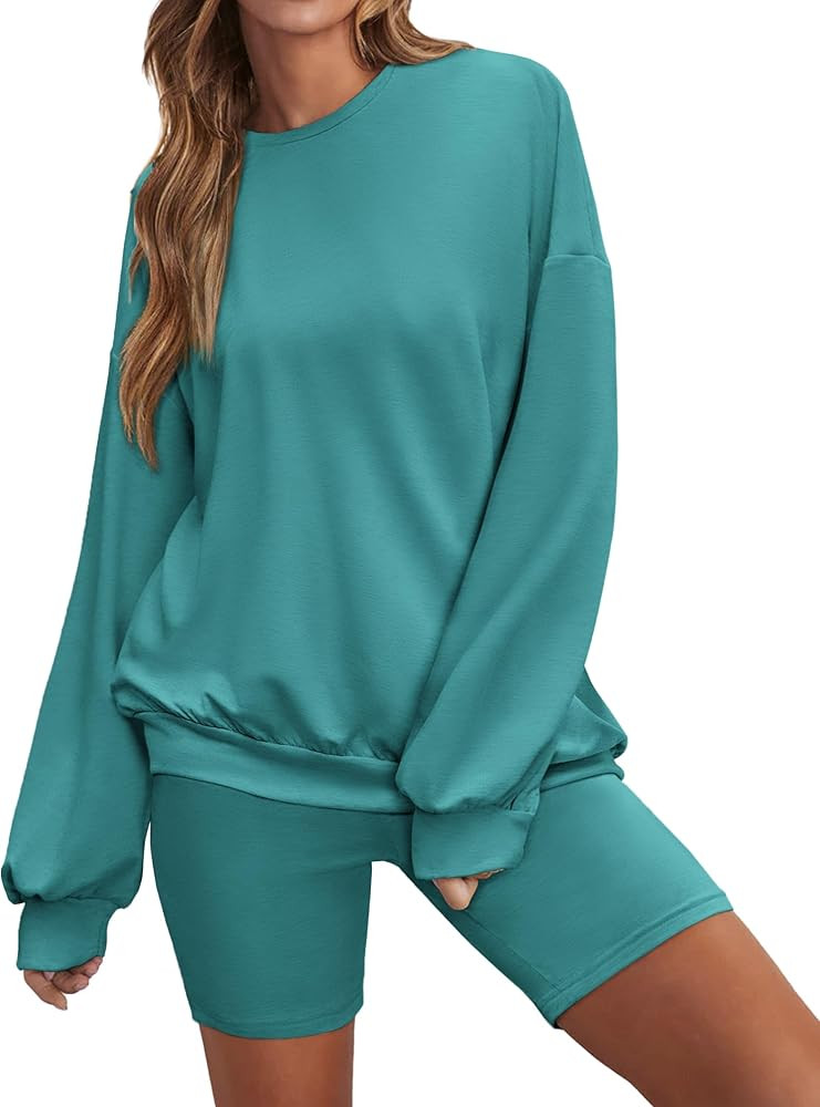 Ekouaer Lounge Set Women's 2 Pieces Outfits Oversized Long Sleeve Loungewear Biker Shorts Sweatsu... | Amazon (US)