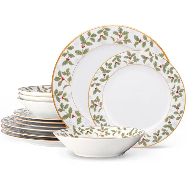 Noritake Holly & Berry Gold 12 Piece Dinnerware Set, Servicer For 4 (Set of 12) | Wayfair North America