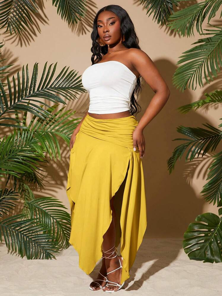 SHEIN SXY Plus Size Women 2025 Spring Summer New City Holiday Gray Khaki Solid Color Ruched Waist Asymmetrical Hem High Slit Sexy Yellow Skirt, Suitable For Beach Vacation, Date Night, Birthday, Bachelorette Party, Cute, Casual, Shopping, Streetwear, Going Out | SHEIN