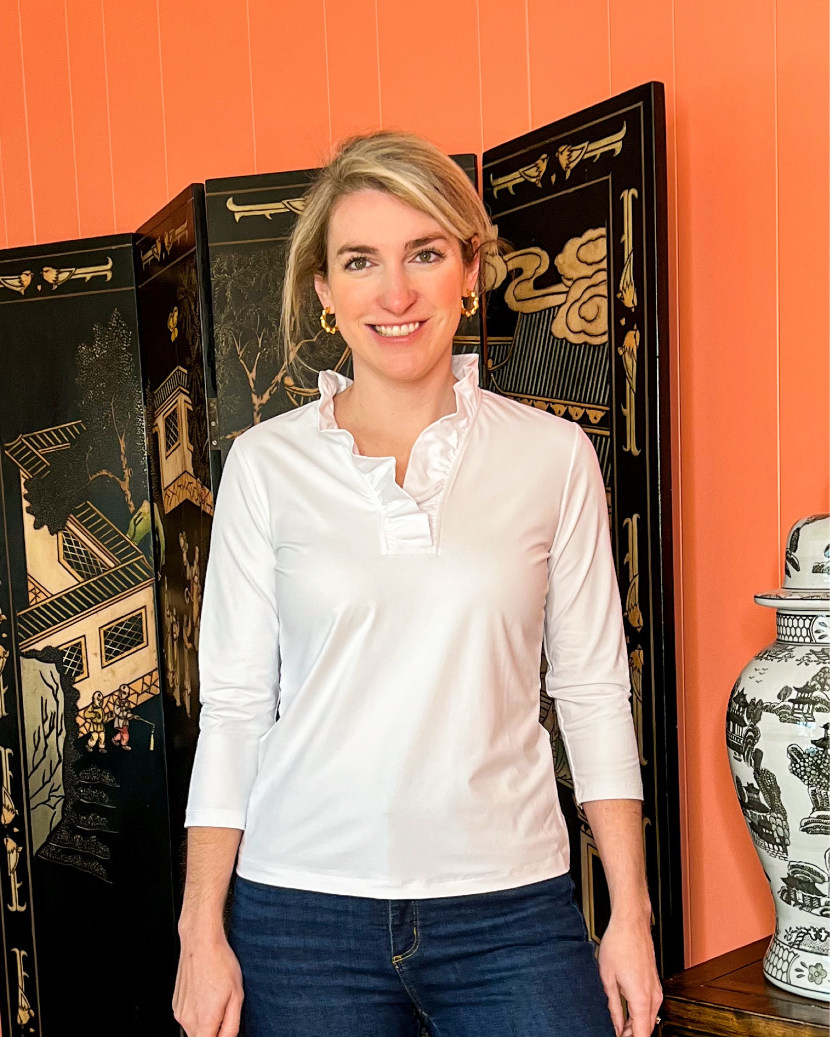 This is the Durham Ruffle Top from J. McLauglin. It’s such an easy material and gives a beautiful drape without any extra darting or seams. This is perfect for leaving untucked when you still want the clean look. The ruffle collar is the perfect height; not too tall but tall enough to stand up. I went up a size. Bonus–comes in several patterns, too!