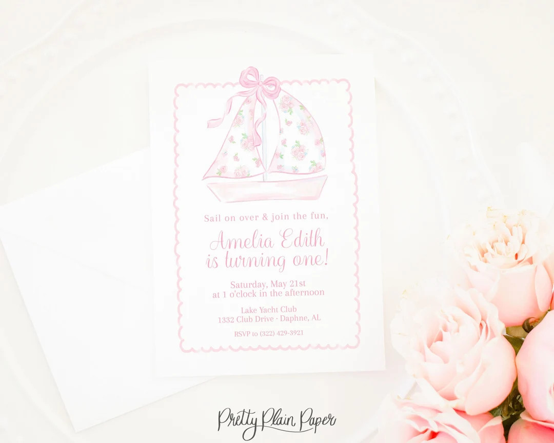 Watercolor Pink Sailboat Invitation | 5x7 Printable | Pink Bow Sailboat Birthday | Sailing Theme ... | Etsy (US)