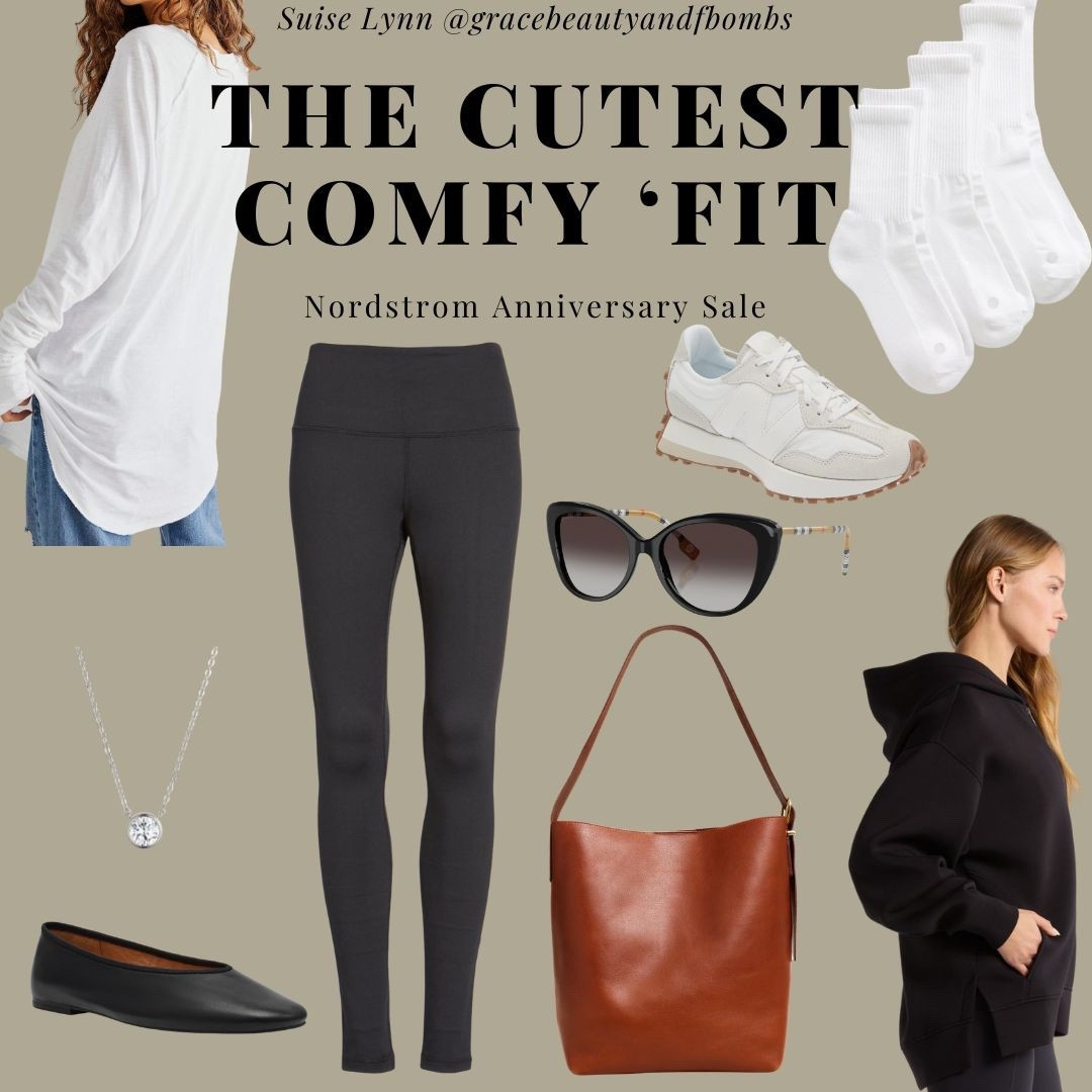 The cutest outfit to knock around in! And it's all on sale during the Nordstrom Anniversary Sale. #Nsale #comfyoutfit #errandoutfit #casualoutfit #zella #newbalance #madewell #leatherhandbags #mixandmatch #freepeople #daintyjewelry 