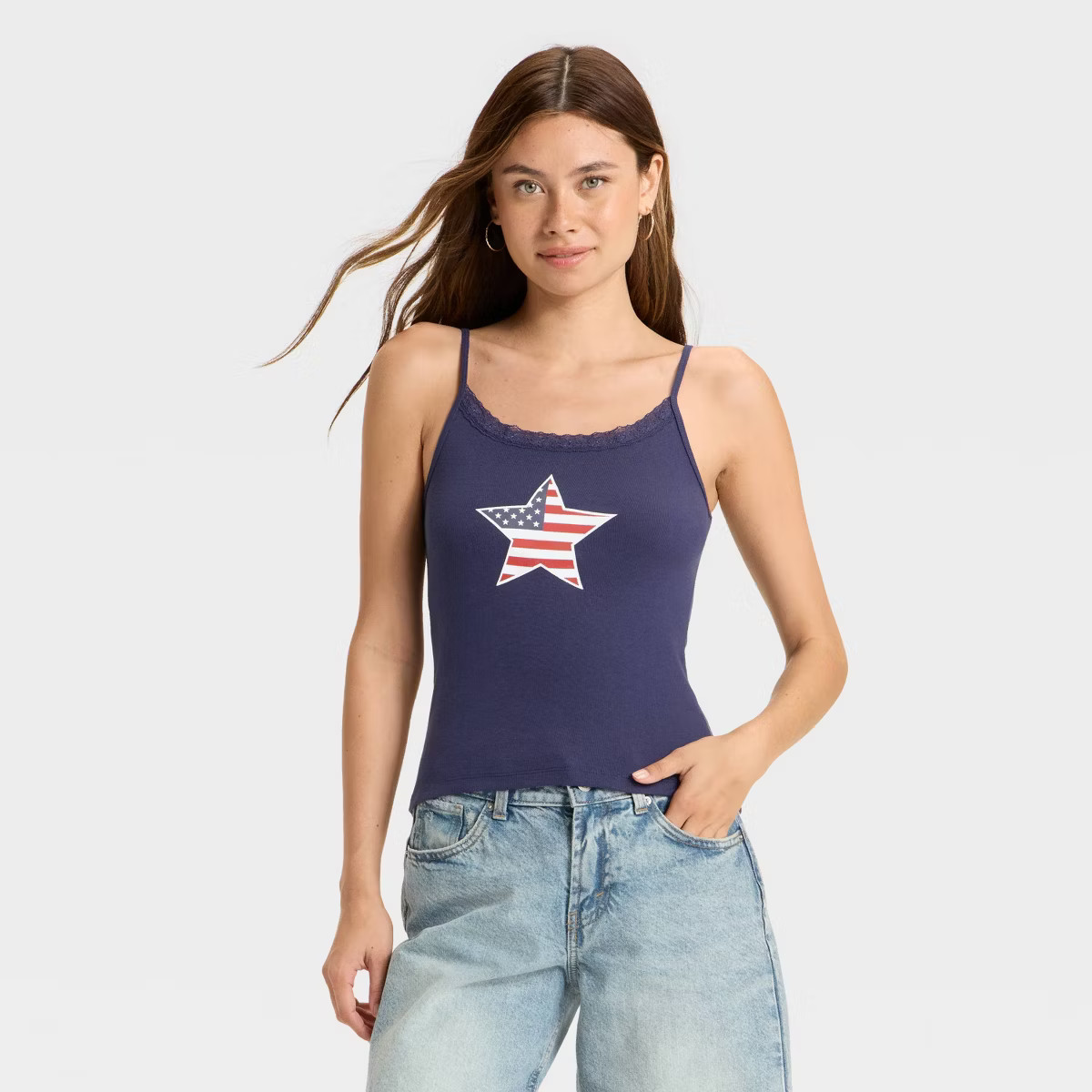 Women's Star Flag Graphic Tank Top with Lace Trim - Navy Blue | Target