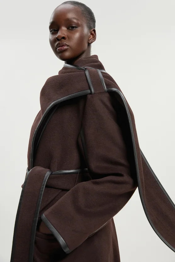 Brushed Wool Pu Mix Scarf Neck Belted Tailored Maxi Coat | Karen Millen UK + IE + DE + NL