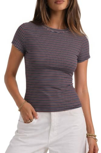 CHYRII Womens Lyocell Summer Tops Striped Casual Short Sleeve T Shirts | Amazon (US)