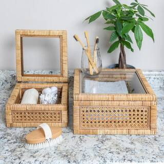 Storied Home Boho Woven Cane and Rattan Display Boxes with Glass Lids in Natural (Set of 2) EC058... | The Home Depot