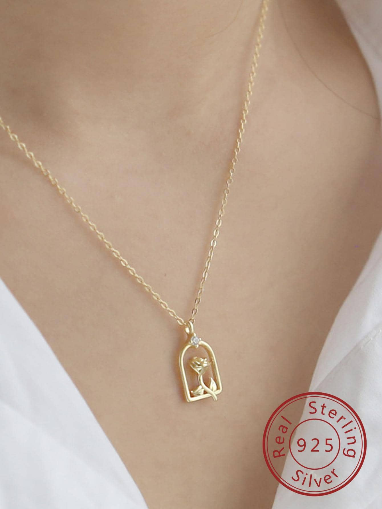 1pc 925 Sterling Silver Base Inlaid Rose Necklace, 3d Simple & Versatile & Delicate Fashionable G... | SHEIN