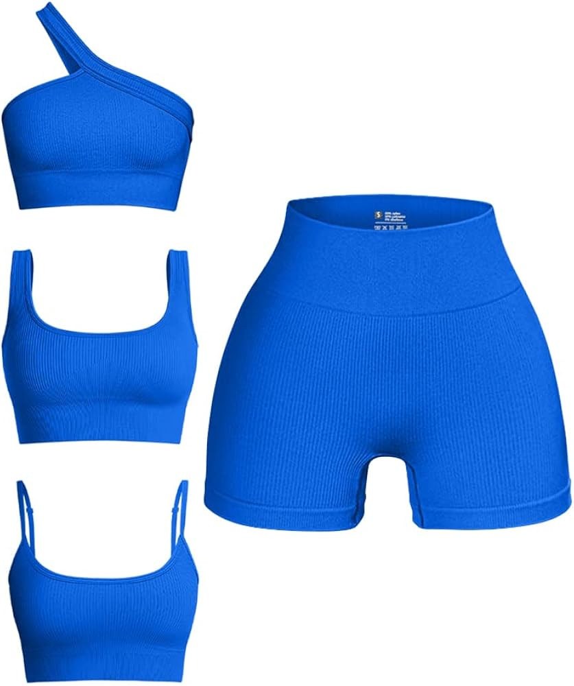 OQQ Women's 4 Piece Outfits Ribbed Seamless Exercise Scoop Neck Sports Bra One Shoulder Tops High Wa | Amazon (US)
