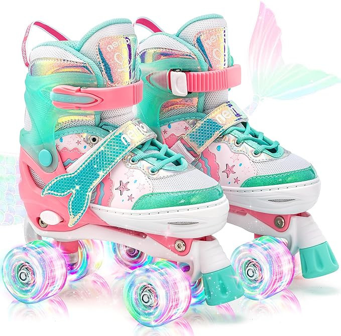 NEMONE Mermaid or Bunny Strawberry 4 Size Adjustable Light up Roller Skates for Girls, Purple Blu... | Amazon (US)