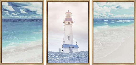 SIGNWIN Framed Canvas Print Wall Art Set Retro Vintage Blue Island Lighthouse Beach Nature Wilder... | Amazon (US)
