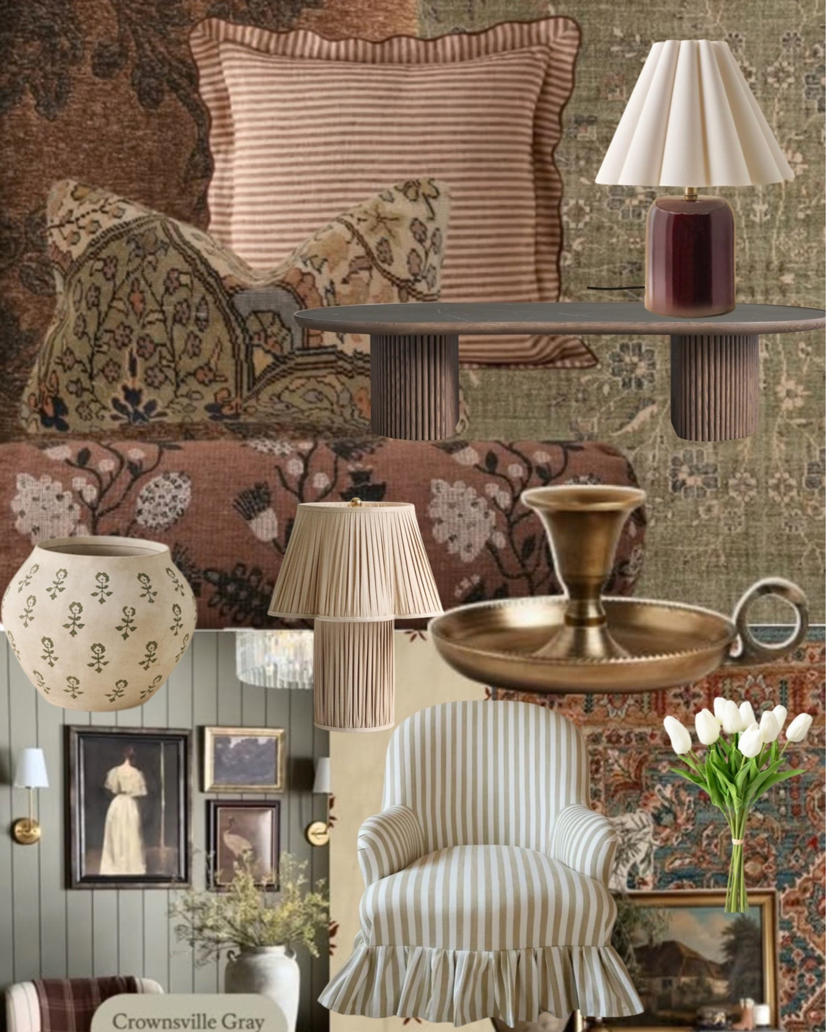 A little pattern, a little patina, and plenty of pieces that feel like they could have been gathered over time.

Florals mixed with stripes, aged brass, pleated shades, vintage-inspired art, warm wood, and a classic skirted chair all bring something different to the room. Together, they create the kind of layered warmth I’m always drawn to.

All linked here 🤍 #LTKhome