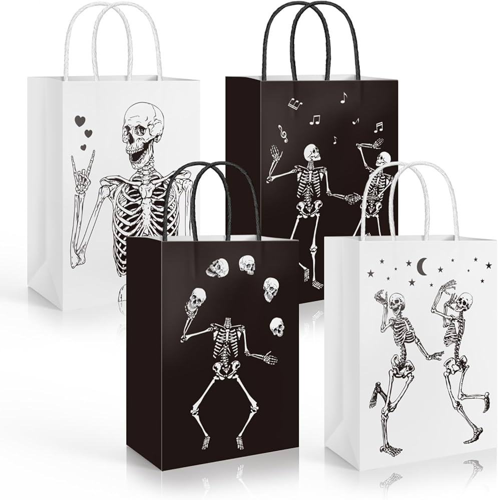 Whaline 16Pcs Halloween Skeleton Paper Gift Bags Black White Skull Goodie Candy Treat Bag with Ha... | Amazon (US)