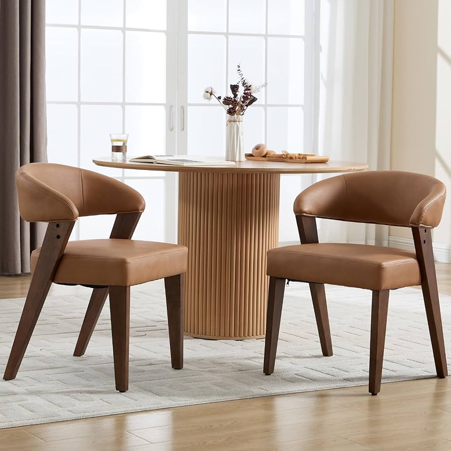 Brown Modern Dining Chairs Set of 2 with Open Curved Back, Mid-Century PU Leather Upholstered Kit... | Amazon (US)