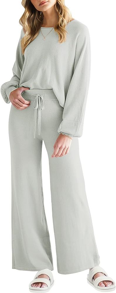 ANRABESS Women’s Two Piece Outfits Sweatsuit Long Lantern Sleeve Crewneck Crop Top with Wide Leg Pan | Amazon (US)