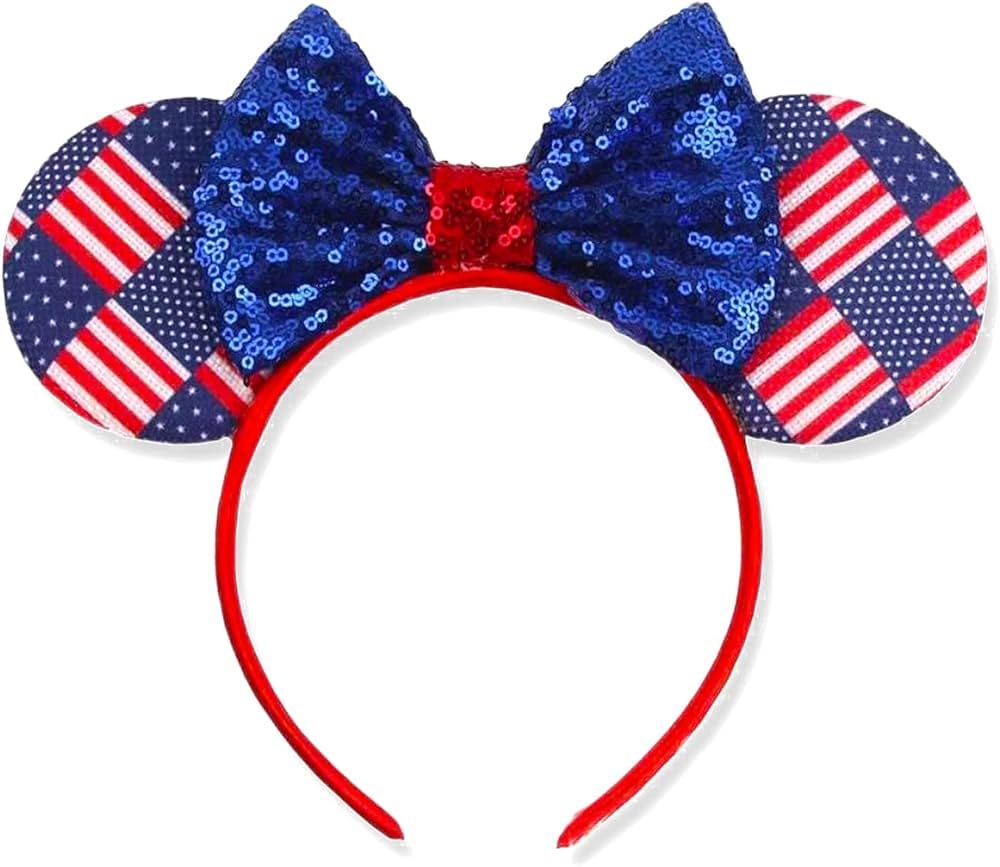 BELSITA 4th of July Headbands American Flag Hair Hoop Red Blue Mouse Ears Bow Hair Band with Sequ... | Amazon (US)