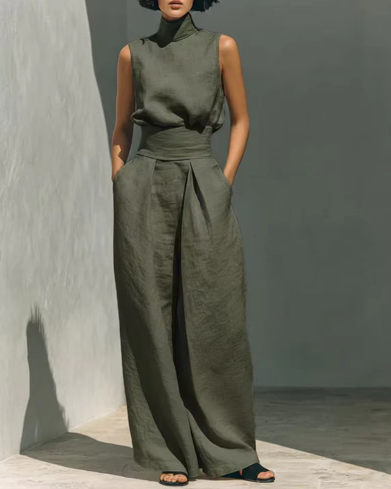 Elegant Minimalist Sleeveless High Neck Top Pants Set | Zeagoo