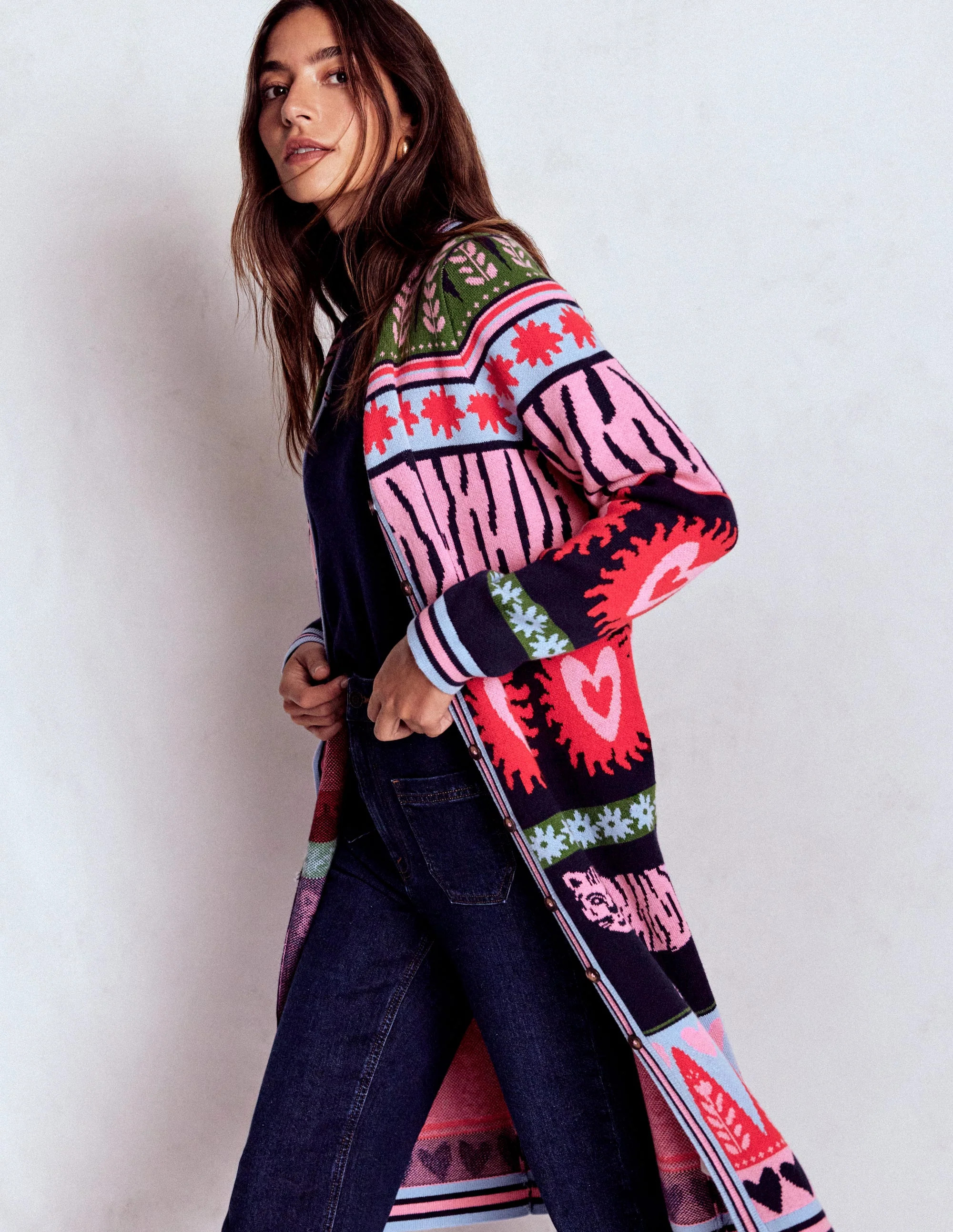 Long Jacquard Cardigan-Navy Tigers | Boden (US)