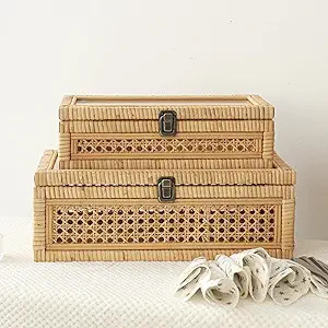 Rattan and Cane Stacking Boxes with Glass Top Lid - Set of 2 for Boho, and Rustic Farmhouse Decor | Amazon (US)