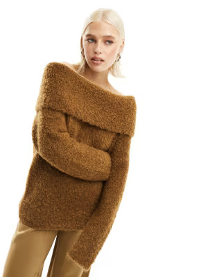 ASOS DESIGN extreme oversized off-shoulder sweater in textured yarn in dark camel | ASOS (Global)