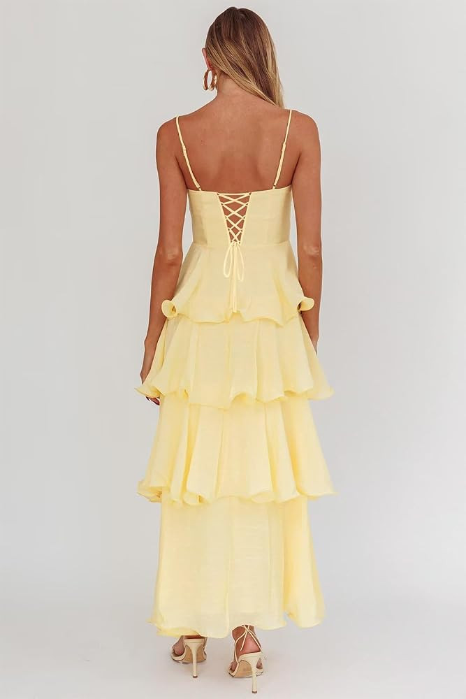 Chiffon Tiered Bridesmaid Dresses for Women Long Spaghetti Straps Formal Gowns Ruffled Beach Even... | Amazon (US)