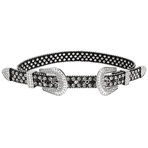 JASGOOD Women Men Western Rhinestone Belts Ladies Cowgirl Cowboy Bling Double Buckle Design Waist Belt for Pants Jeans Dresses, 01 Style-Black, Suit for size 26"-30" | Amazon (US)