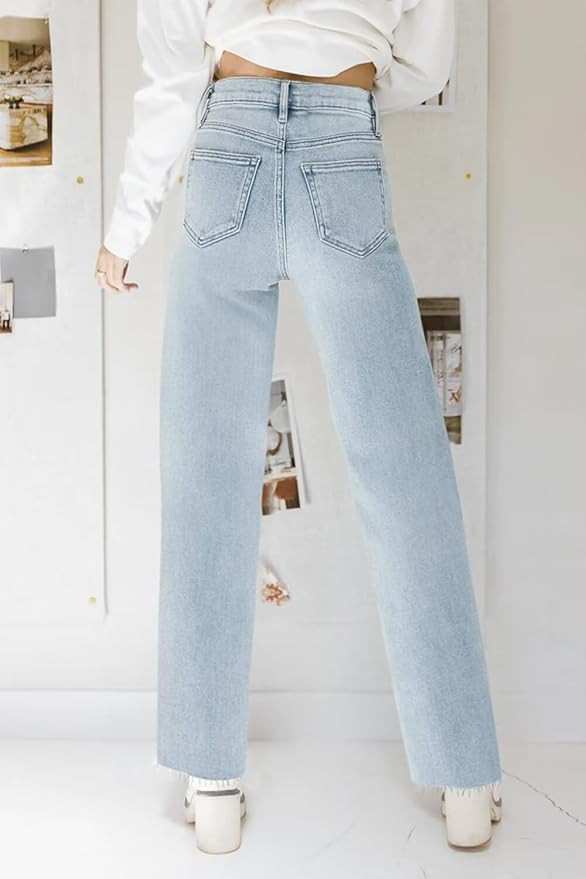 KDF Straight Leg Jeans for Women High Waisted Jeans Frayed Baggy Pants Raw Hem Loose Stretchy Cro... | Amazon (US)