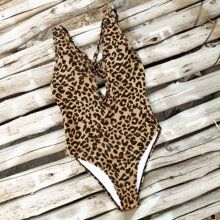 Leopard Crisscross Plunging One Piece Swimsuit | SHEIN