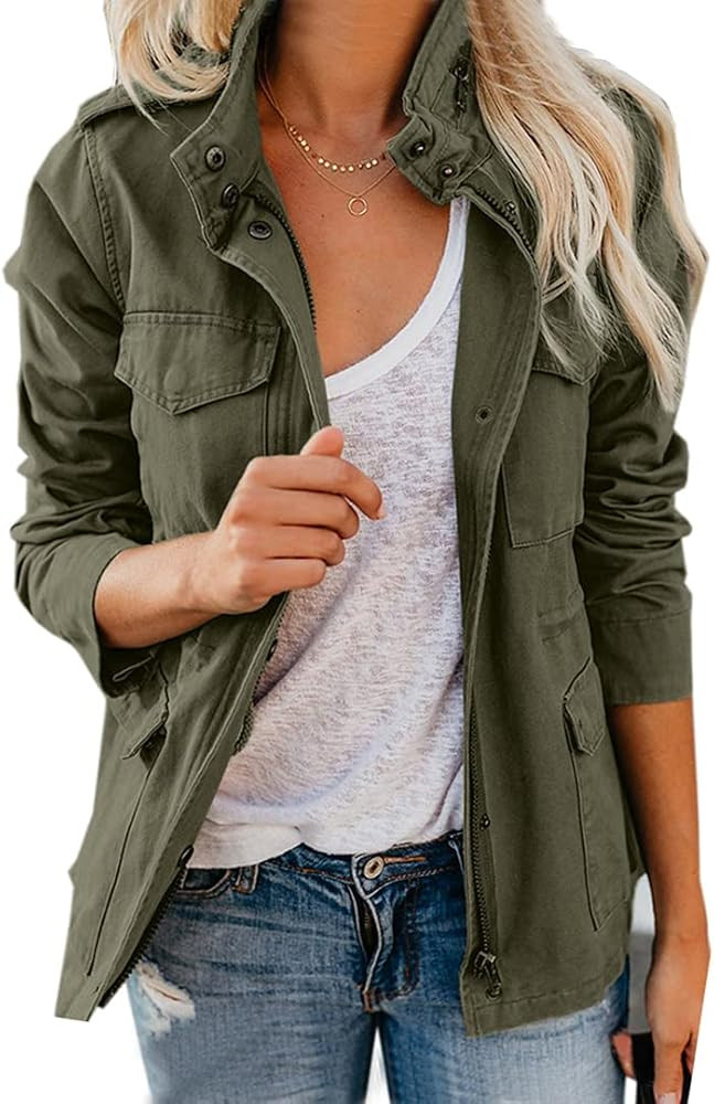 chouyatou Women's Fall Stand Collar Zip Up Military Cotton Utility Safari Jacket | Amazon (US)