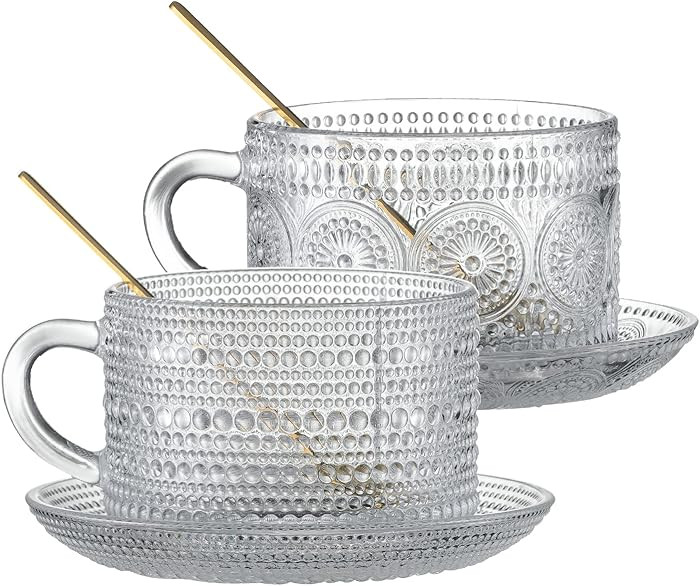 Gezzeny Vintage Coffee Mugs with Saucers 14 Oz Set of 2 Embossed Glass Cups, Tea Cups, Glass Coff... | Amazon (US)