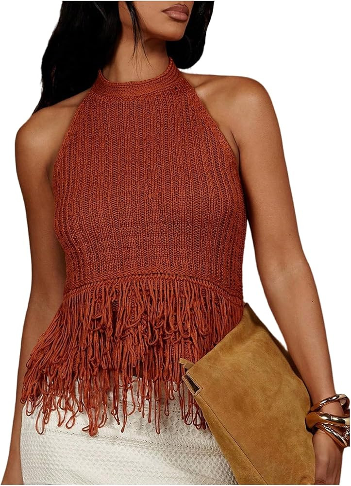 SweatyRocks Women's Fringe Halter Tops Sleeveless Open Back Summer Knit Crochet Tank Top | Amazon (US)