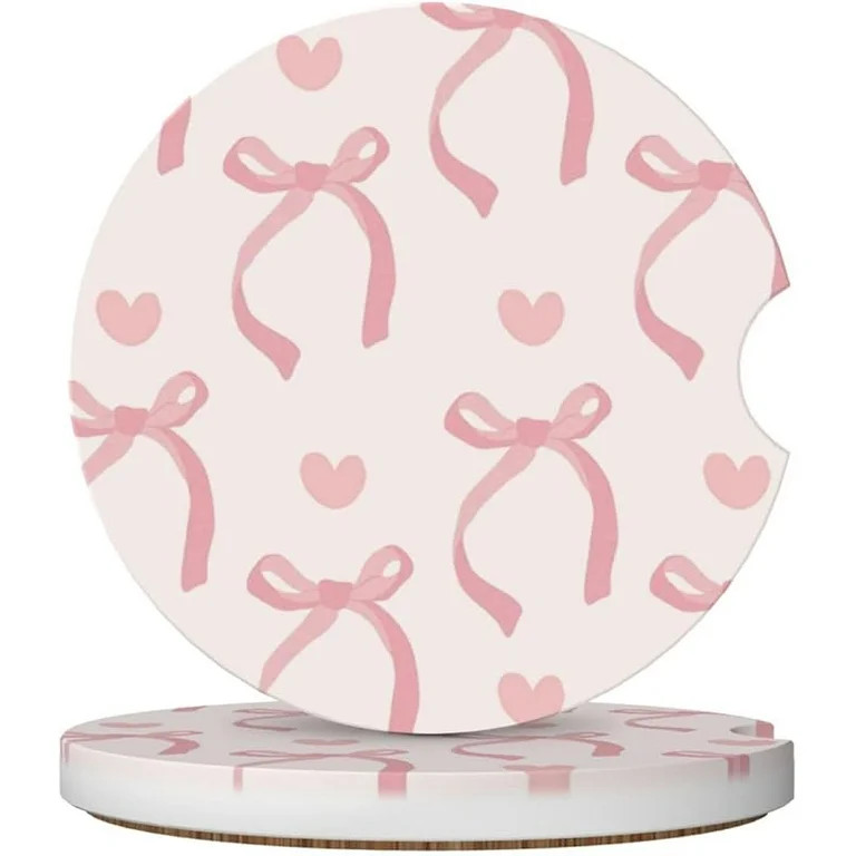 Pink Bow Love Heart Car Cup Holder Coaster 2 Pack Absorbent Ceramic Car Coasters for Cup Holders ... | Walmart (US)