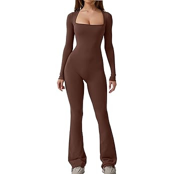 QINSEN Jumpsuits for Women Square Neck Wide Leg Full Length Romper Playsuit | Amazon (US)