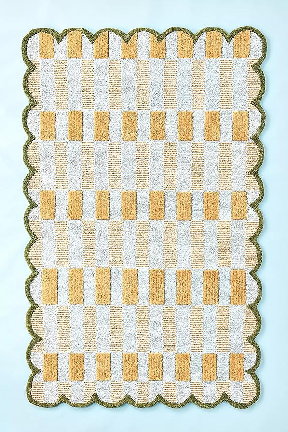 Hand-Tufted Wool Rug with Scalloped Edges, Light Blue Plaid Pattern, Cozy Soft Area Rug for Livin... | Amazon (US)