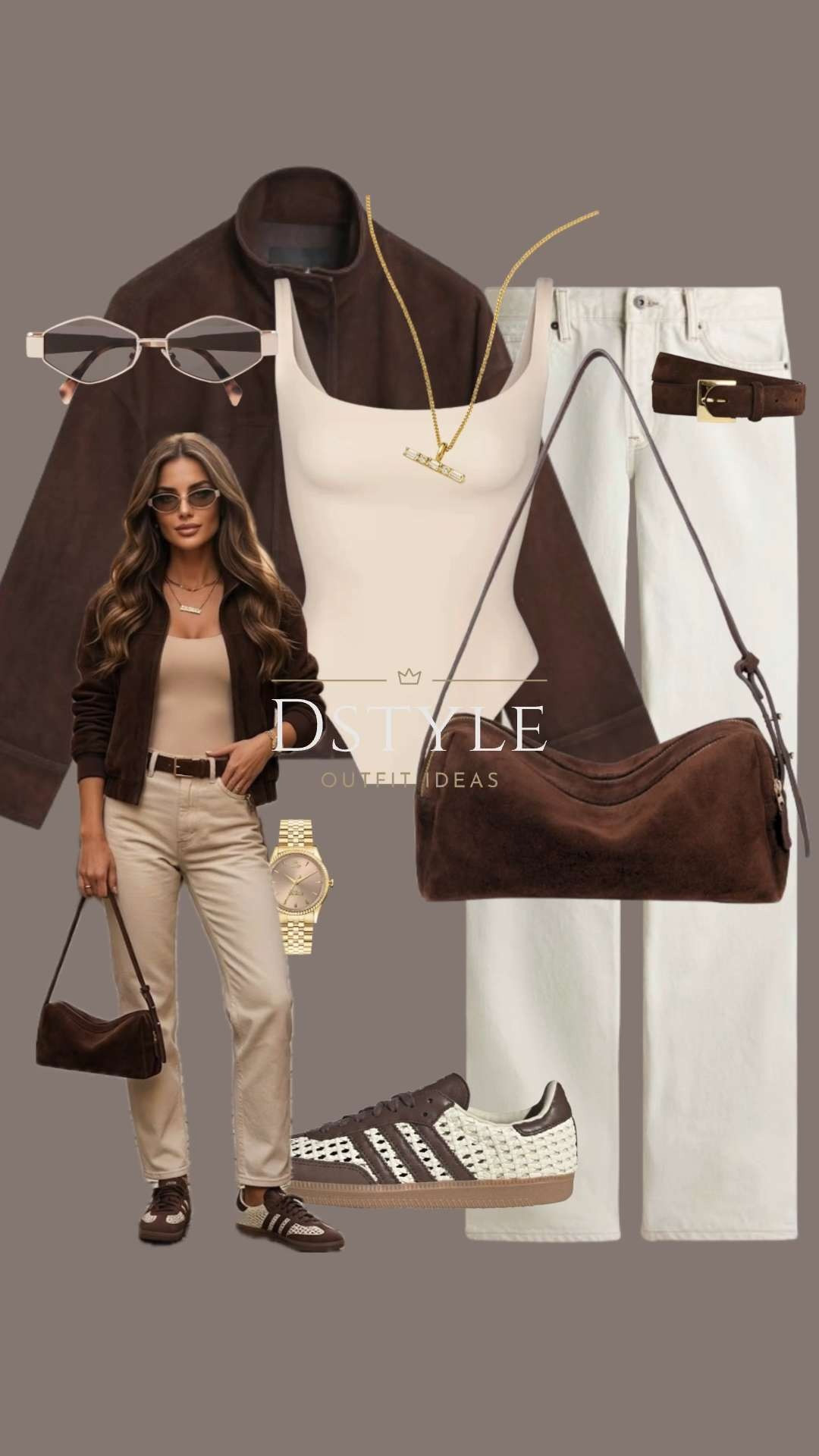 Chocolate & Cream Chic 🤎 🤍
Suede Bomber Jacket: Rich chocolate brown for a luxe layering piece.

Woven Sneakers: The viral Adidas Samba in a unique mesh texture.

Straight-Leg Denim: High-waisted cream jeans for a clean, neutral base.

Accessories: Gold hardware accents with a matching suede shoulder bag and belt.

tags: Chocolate brown aesthetic, suede jacket outfit, cream denim, Adidas Samba mesh, neutral outfit ideas, spring transition style, quiet luxury 

 

#LTKootd